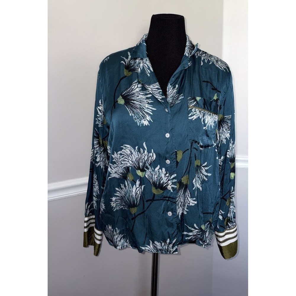 Anthropologie Floral Print Button Up Pajama Top Size Small Women's Teal Blue